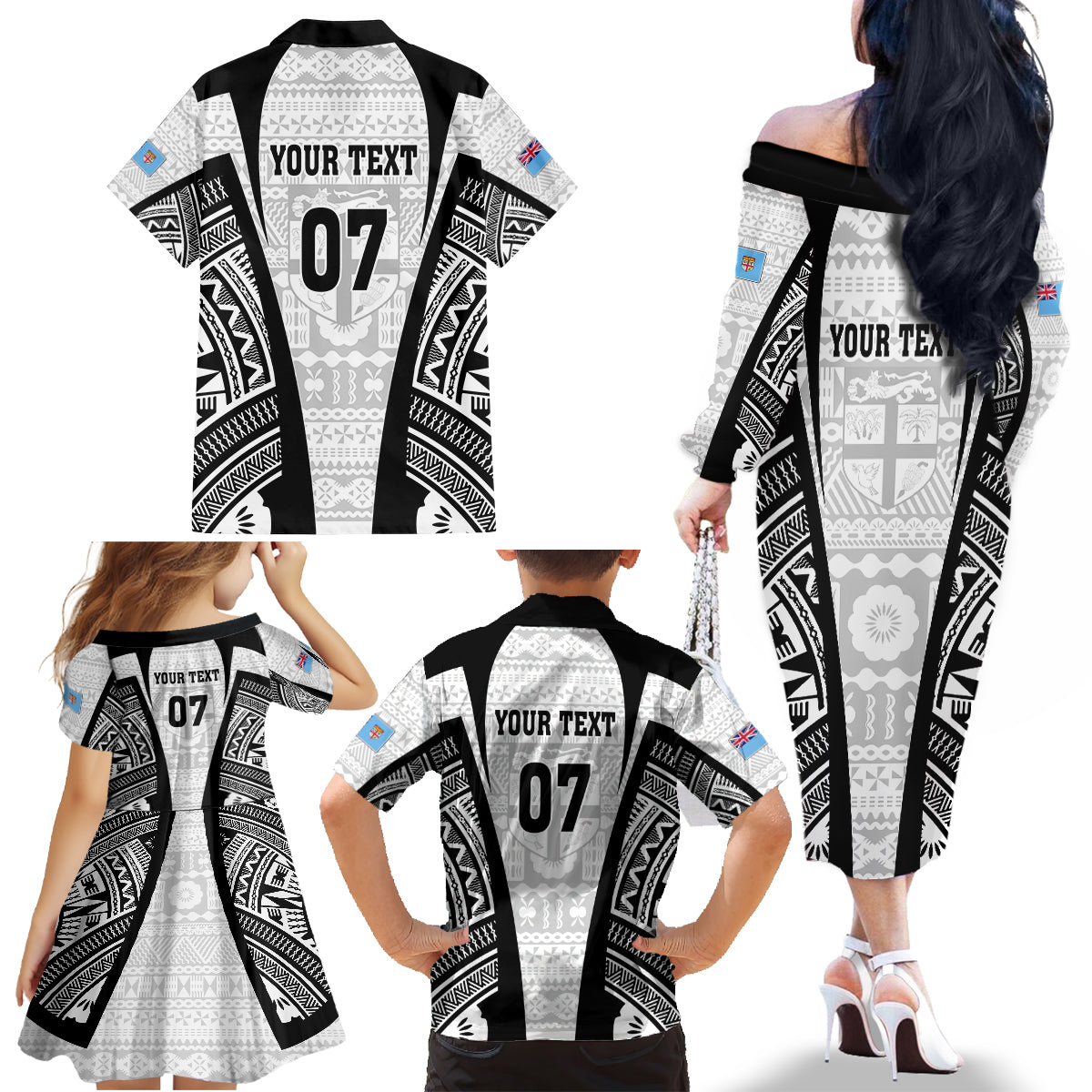 Personalised Fiji Rugby Family Matching Off Shoulder Long Sleeve Dress and Hawaiian Shirt 2023 World Cup History Makers - White Ver LT7 - Polynesian Pride