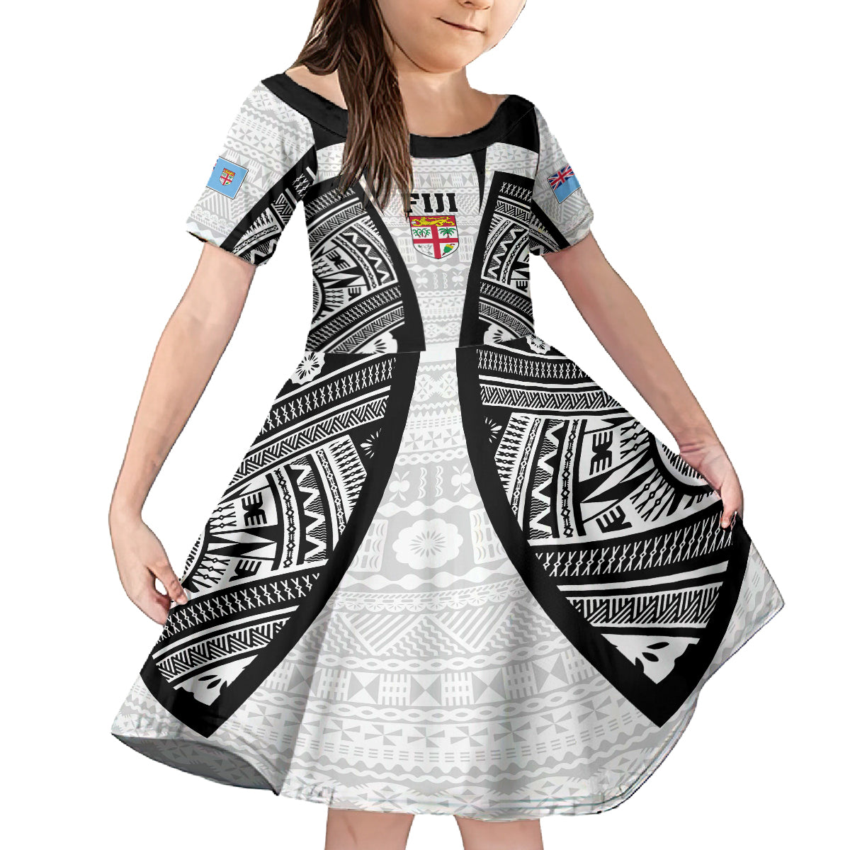 Personalised Fiji Rugby Family Matching Off Shoulder Maxi Dress and Hawaiian Shirt 2023 World Cup History Makers - White Ver LT7 Daughter's Dress White - Polynesian Pride