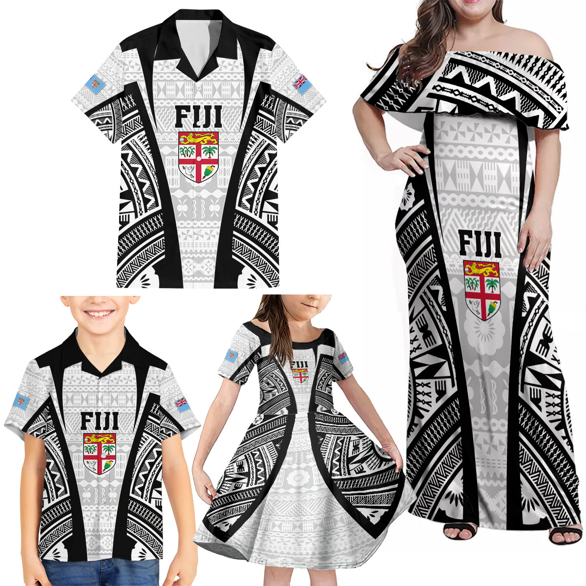 Personalised Fiji Rugby Family Matching Off Shoulder Maxi Dress and Hawaiian Shirt 2023 World Cup History Makers - White Ver LT7 - Polynesian Pride