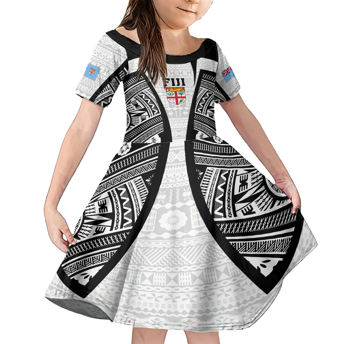 Personalised Fiji Rugby Family Matching Short Sleeve Bodycon Dress and Hawaiian Shirt 2023 World Cup History Makers - White Ver LT7 Daughter's Dress White - Polynesian Pride