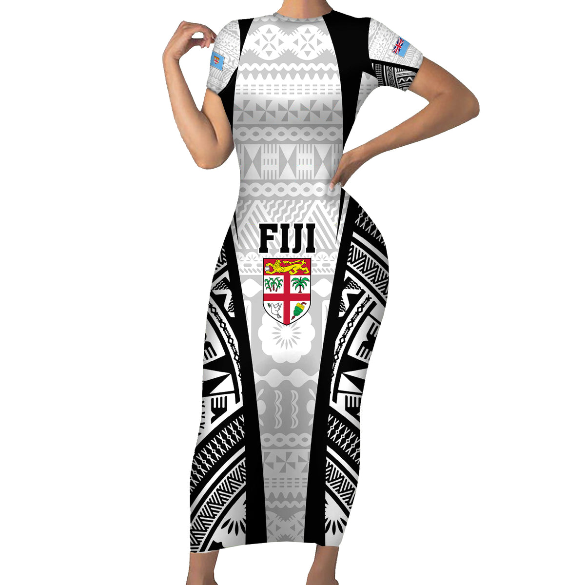 Personalised Fiji Rugby Family Matching Short Sleeve Bodycon Dress and Hawaiian Shirt 2023 World Cup History Makers - White Ver LT7 Mom's Dress White - Polynesian Pride