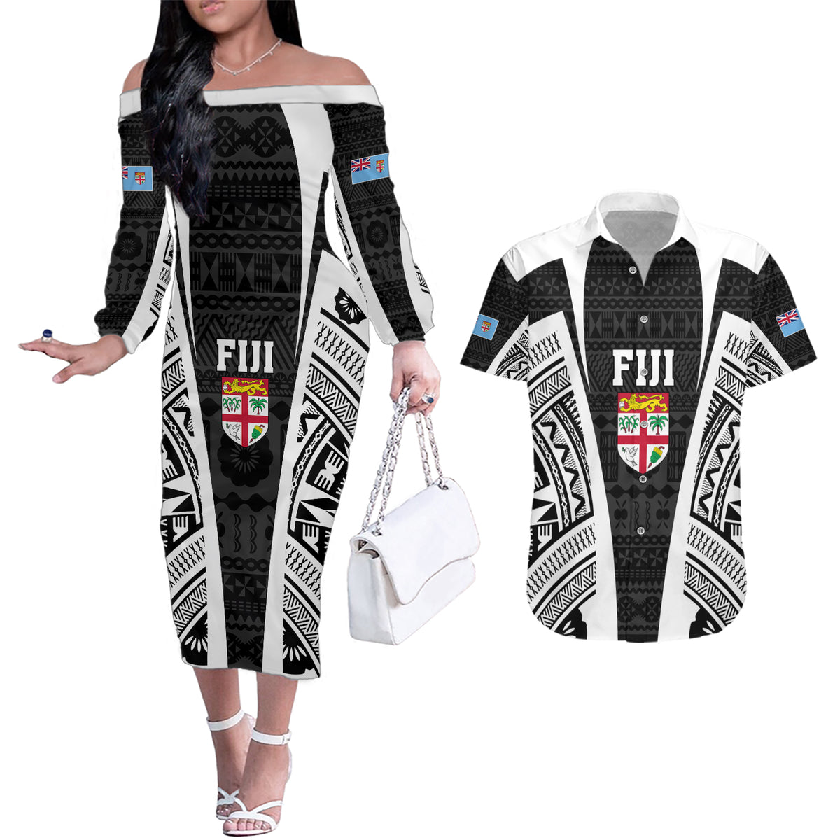 Personalised Fiji Rugby Couples Matching Off The Shoulder Long Sleeve Dress and Hawaiian Shirt 2023 World Cup History Makers - Black Ver LT7 Black - Polynesian Pride