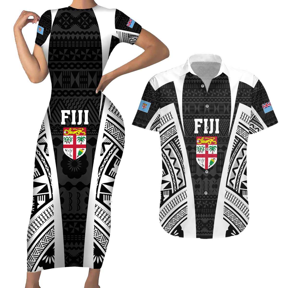 Personalised Fiji Rugby Couples Matching Short Sleeve Bodycon Dress and Hawaiian Shirt 2023 World Cup History Makers - Black Ver LT7 Black - Polynesian Pride