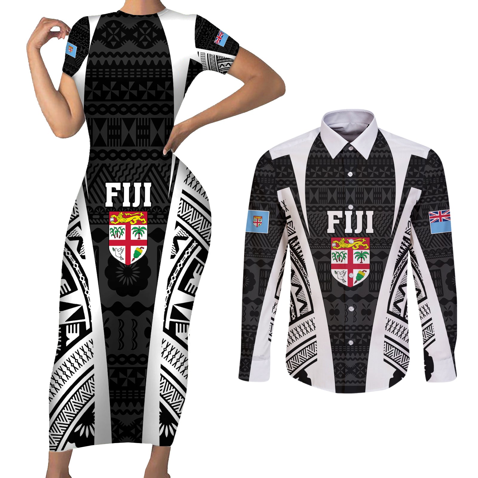 personalised-fiji-rugby-couples-matching-short-sleeve-bodycon-dress-and-long-sleeve-button-shirts-2023-world-cup-history-makers-black-ver