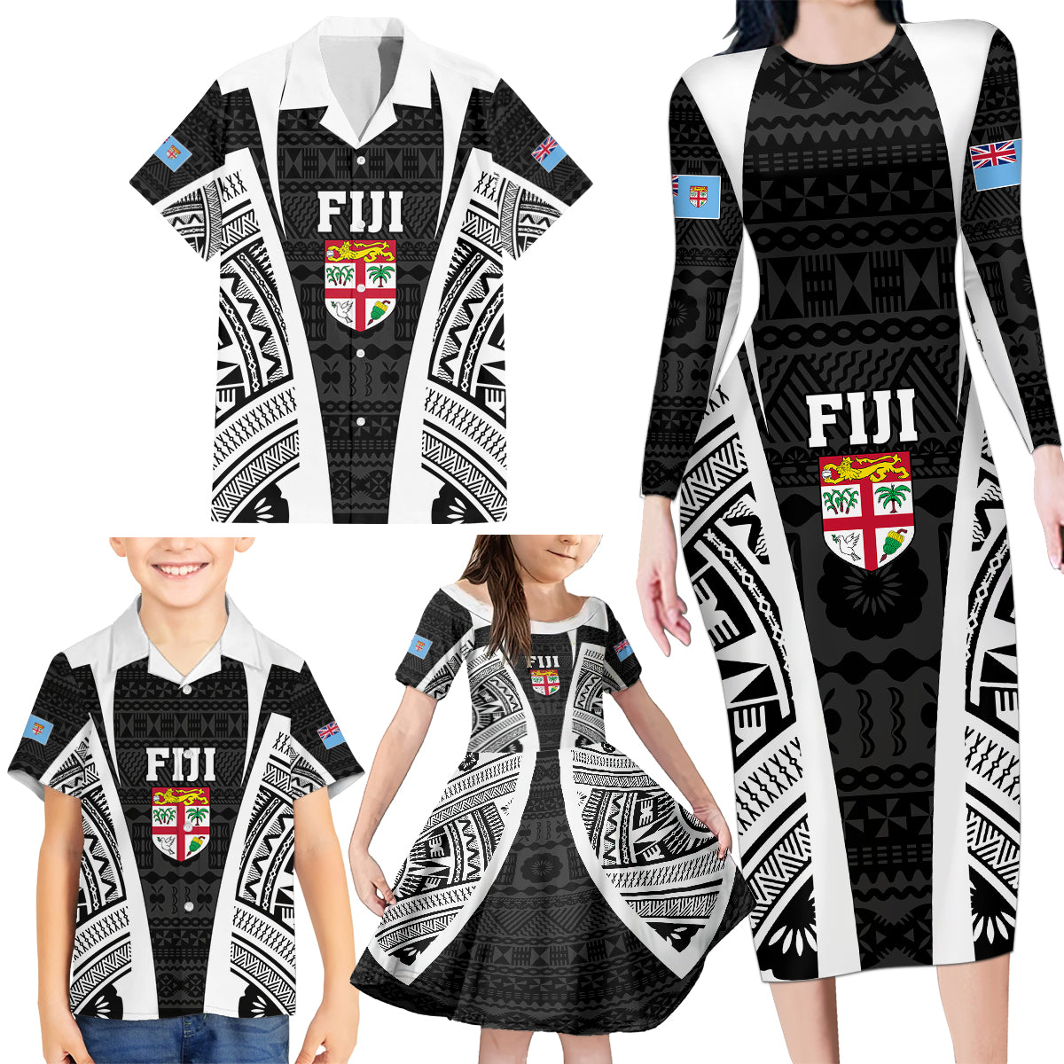 Personalised Fiji Rugby Family Matching Long Sleeve Bodycon Dress and Hawaiian Shirt 2023 World Cup History Makers - Black Ver LT7 - Polynesian Pride