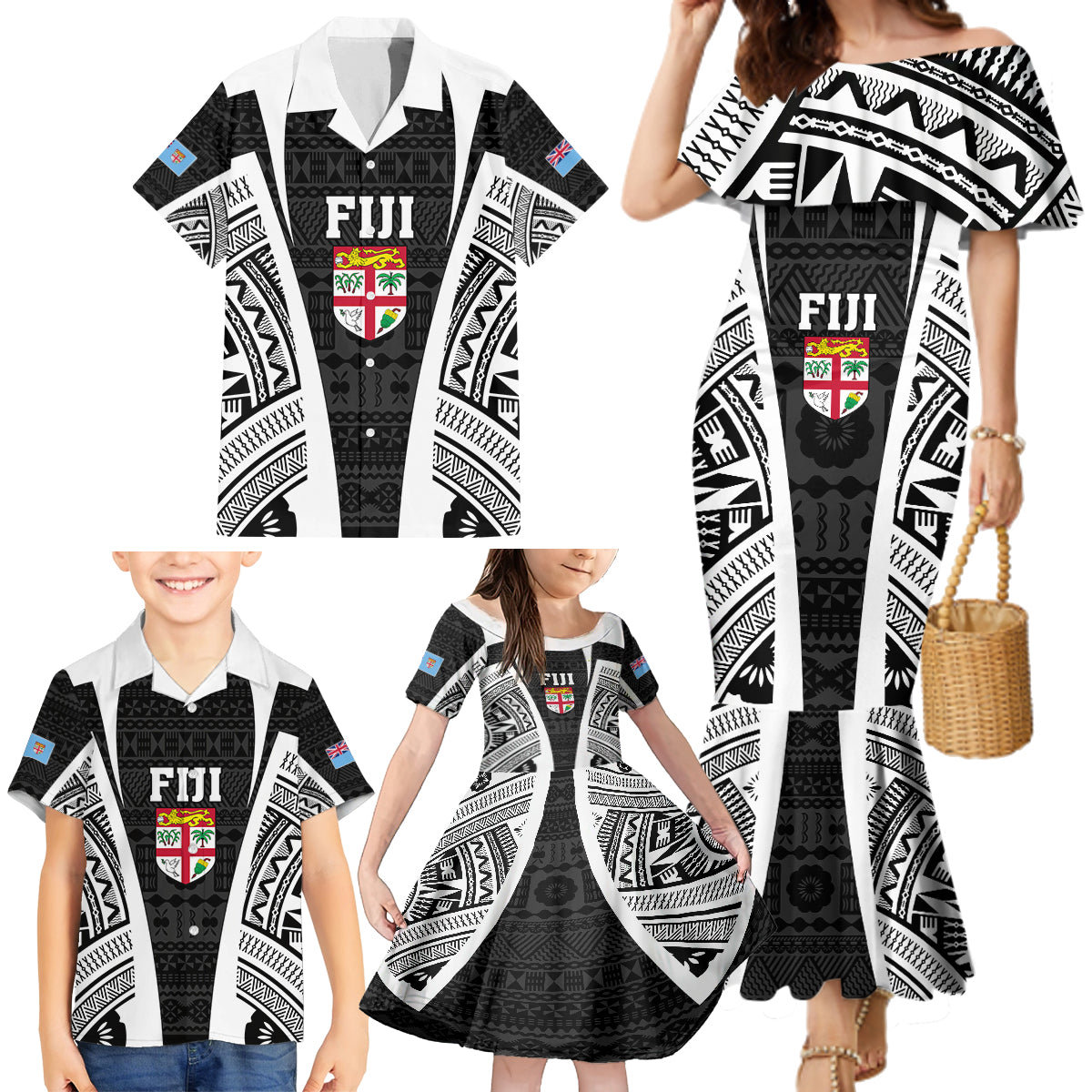 Personalised Fiji Rugby Family Matching Mermaid Dress and Hawaiian Shirt 2023 World Cup History Makers - Black Ver LT7 - Polynesian Pride