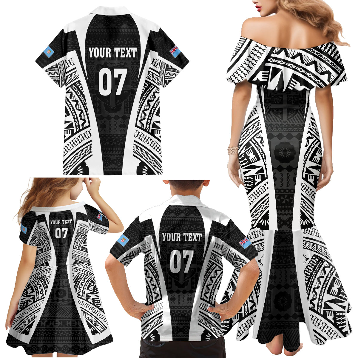 Personalised Fiji Rugby Family Matching Mermaid Dress and Hawaiian Shirt 2023 World Cup History Makers - Black Ver LT7 - Polynesian Pride