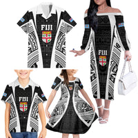 Personalised Fiji Rugby Family Matching Off Shoulder Long Sleeve Dress and Hawaiian Shirt 2023 World Cup History Makers - Black Ver LT7 - Polynesian Pride