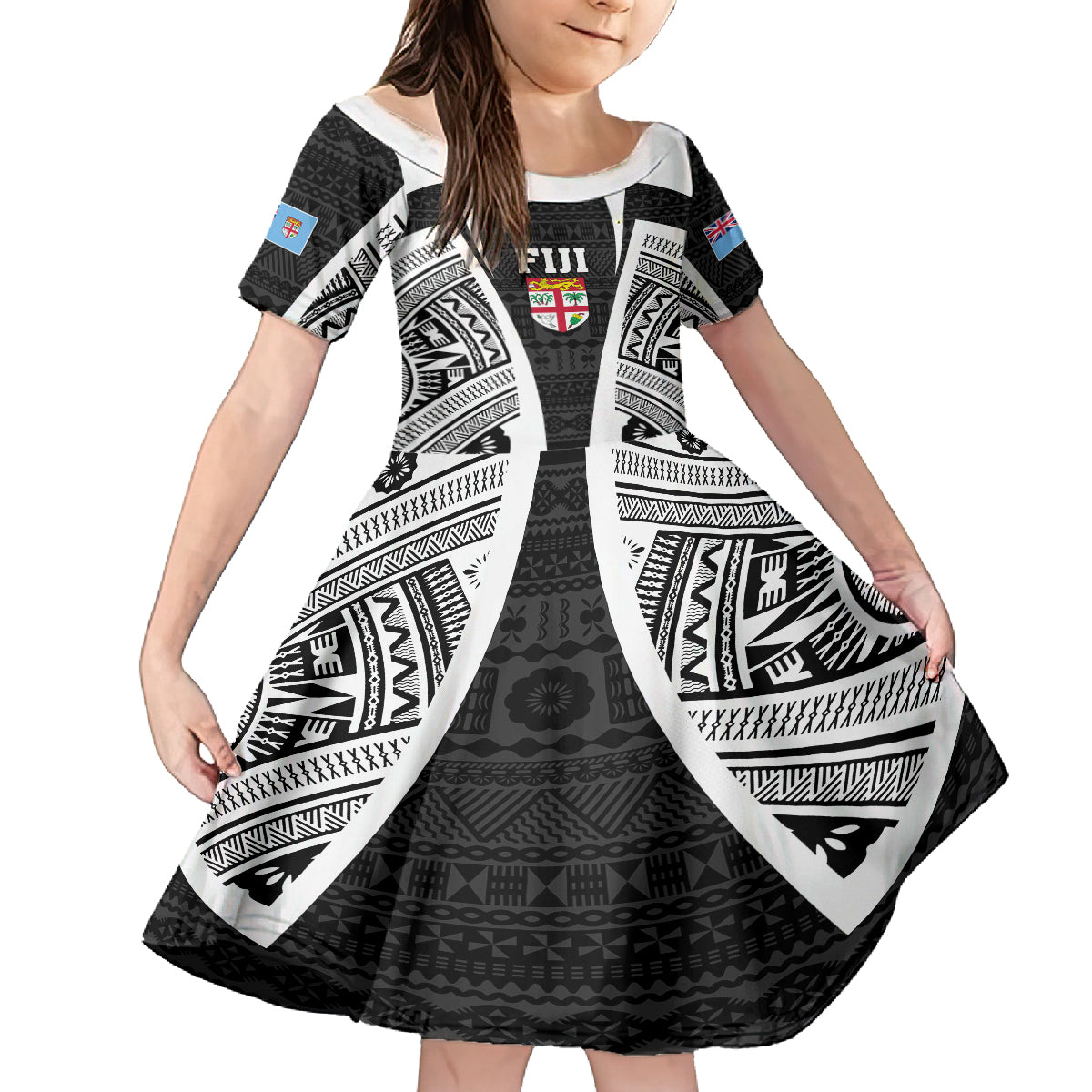 Personalised Fiji Rugby Family Matching Off Shoulder Short Dress and Hawaiian Shirt 2023 World Cup History Makers - Black Ver LT7 Daughter's Dress Black - Polynesian Pride