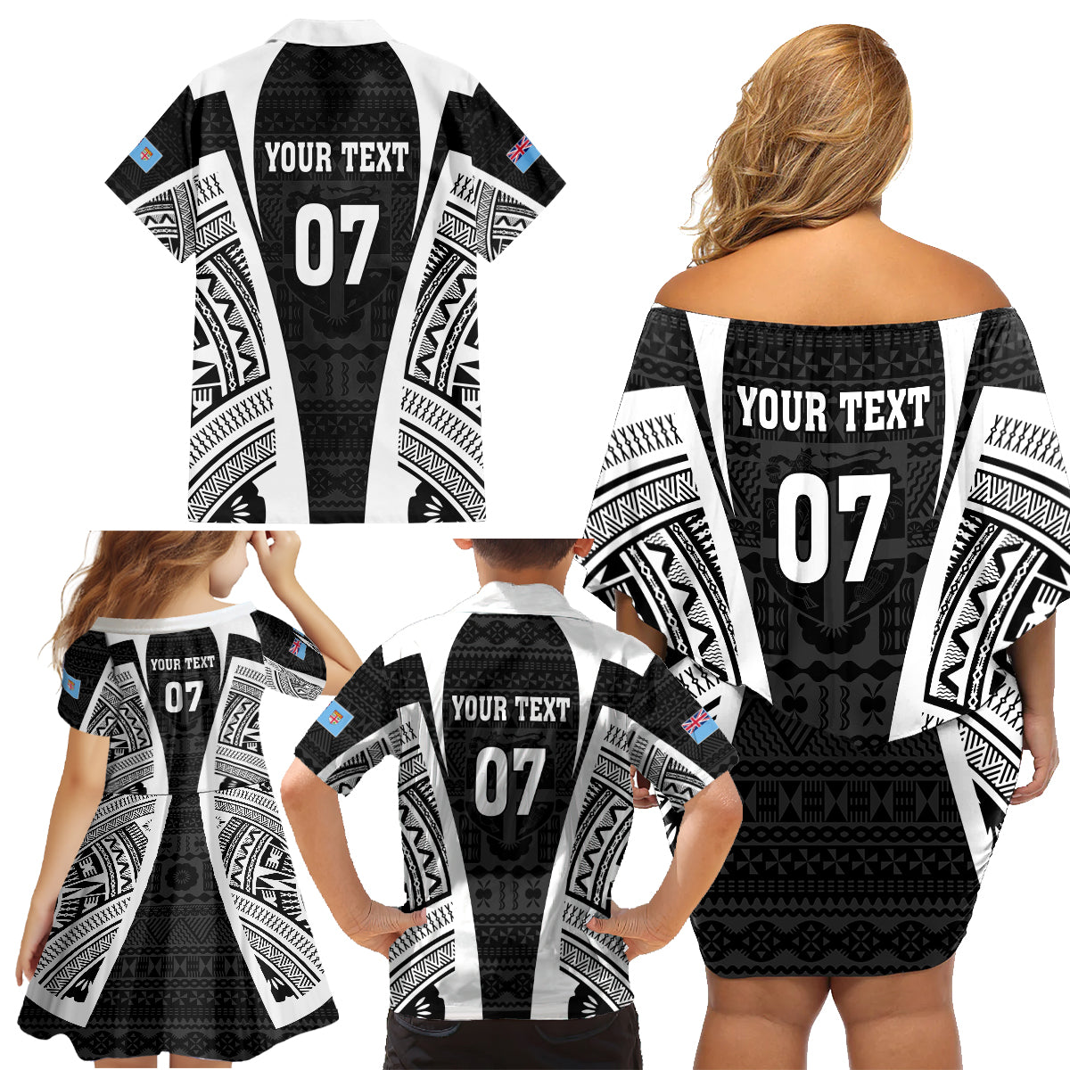 Personalised Fiji Rugby Family Matching Off Shoulder Short Dress and Hawaiian Shirt 2023 World Cup History Makers - Black Ver LT7 - Polynesian Pride