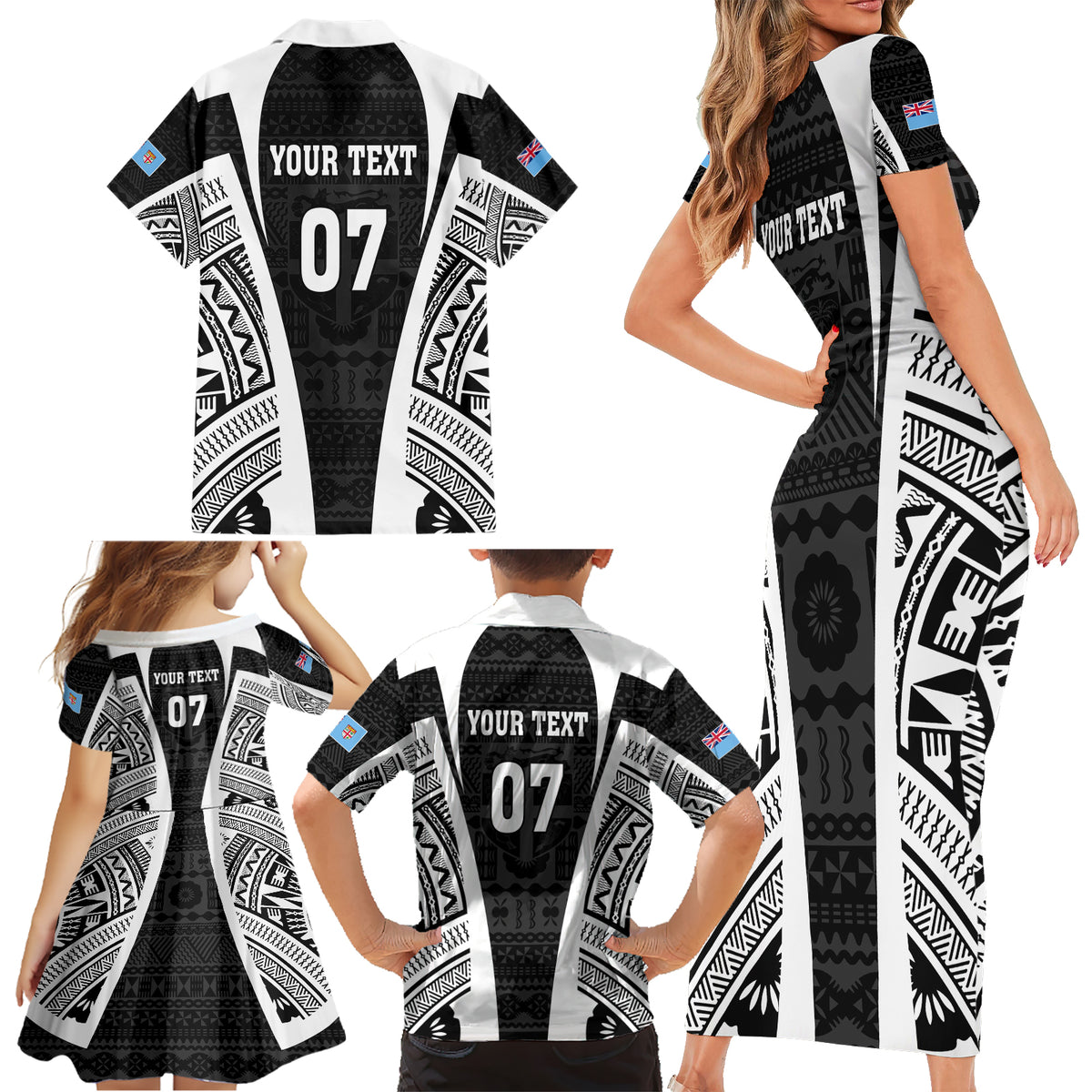 Personalised Fiji Rugby Family Matching Short Sleeve Bodycon Dress and Hawaiian Shirt 2023 World Cup History Makers - Black Ver LT7 - Polynesian Pride