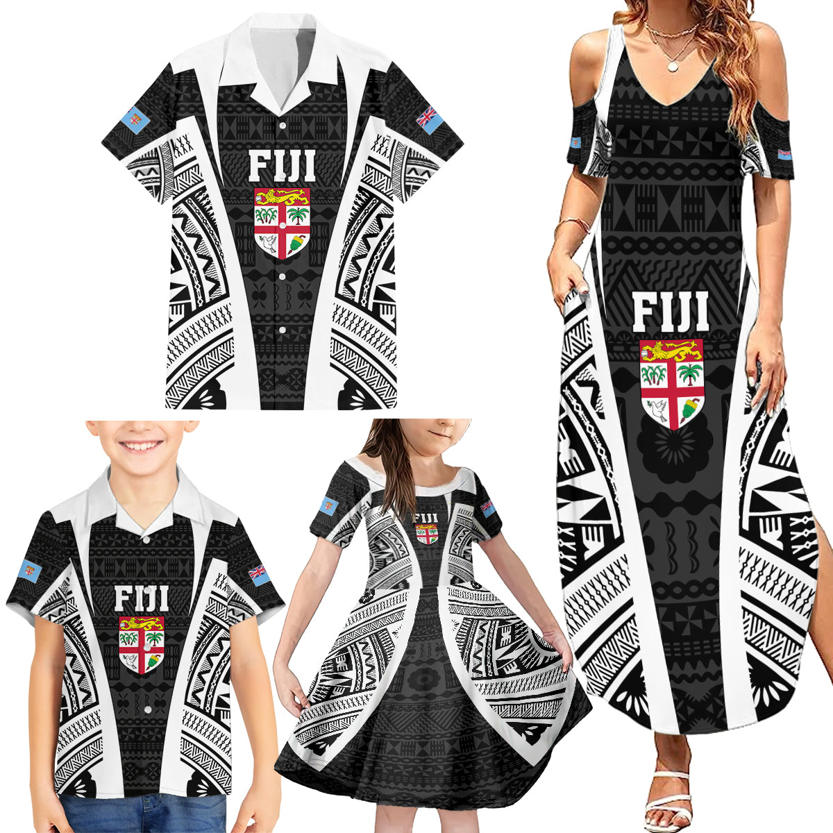 Personalised Fiji Rugby Family Matching Summer Maxi Dress and Hawaiian Shirt 2023 World Cup History Makers - Black Ver LT7 - Polynesian Pride