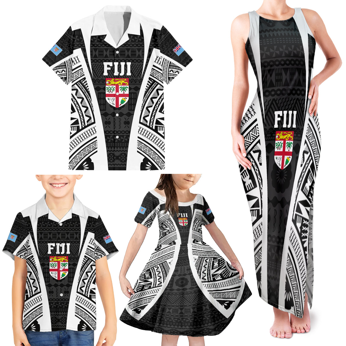 Personalised Fiji Rugby Family Matching Tank Maxi Dress and Hawaiian Shirt 2023 World Cup History Makers - Black Ver LT7 - Polynesian Pride