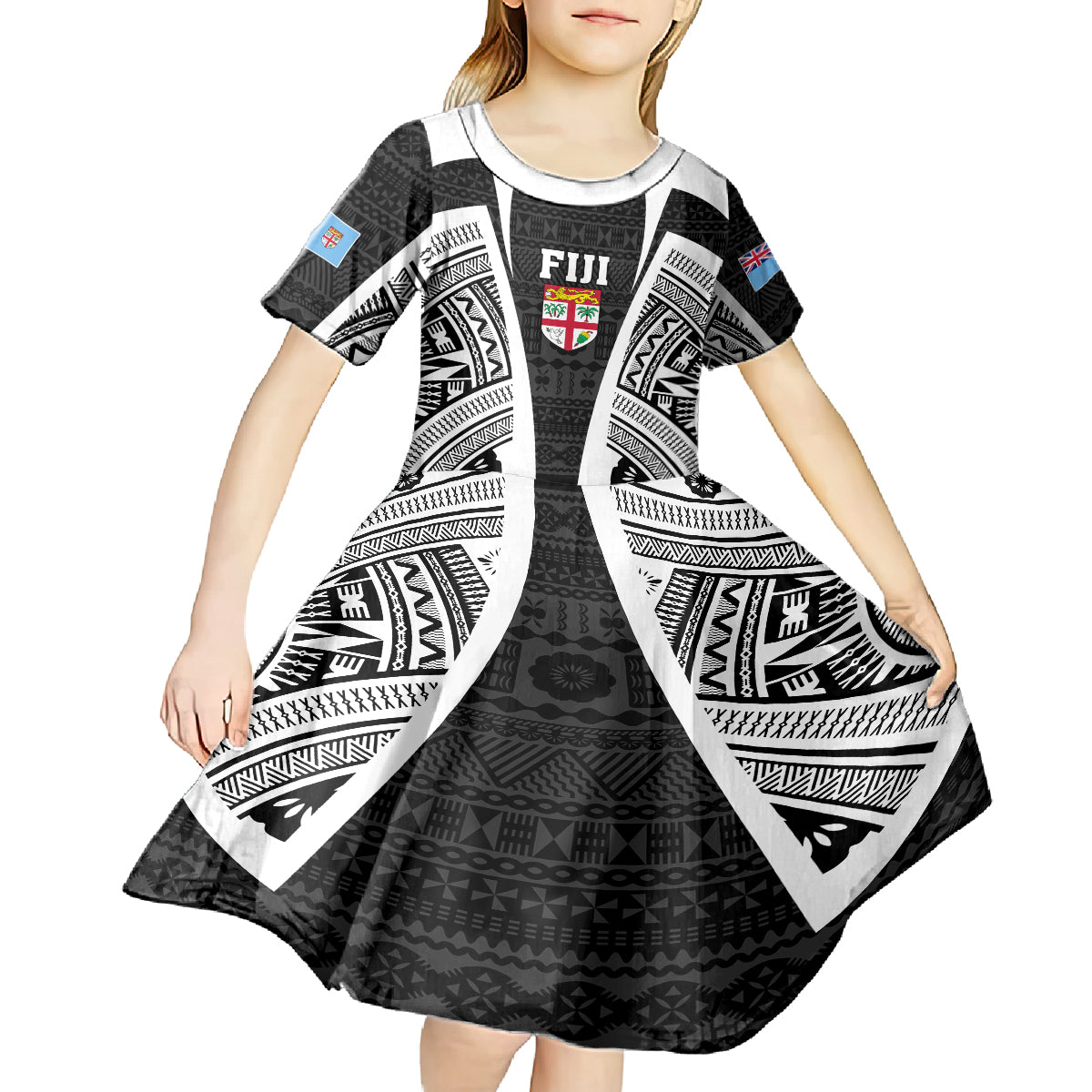 personalised-fiji-rugby-kid-short-sleeve-dress-2023-world-cup-history-makers-black-ver