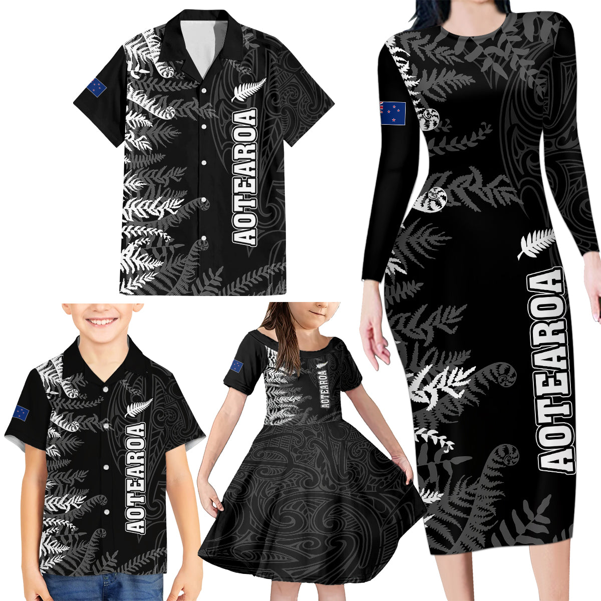 Personalised New Zealand Rugby Family Matching Long Sleeve Bodycon Dress and Hawaiian Shirt Silver Fern Basic 2023 World Cup LT7 - Polynesian Pride