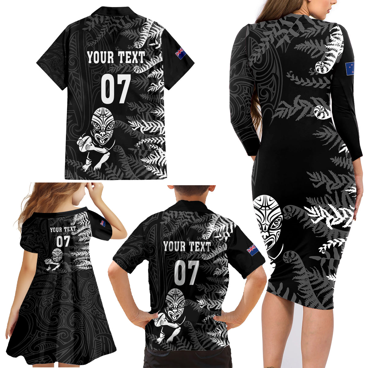 Personalised New Zealand Rugby Family Matching Long Sleeve Bodycon Dress and Hawaiian Shirt Silver Fern Basic 2023 World Cup LT7 - Polynesian Pride