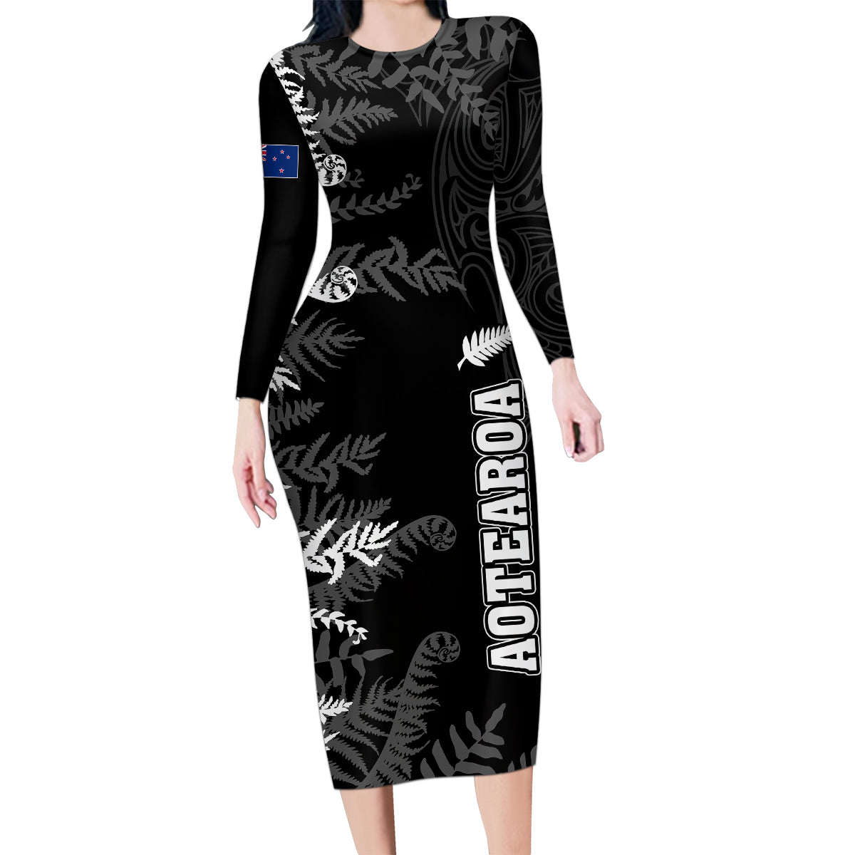 Personalised New Zealand Rugby Family Matching Long Sleeve Bodycon Dress and Hawaiian Shirt Silver Fern Basic 2023 World Cup LT7 Mom's Dress Black - Polynesian Pride