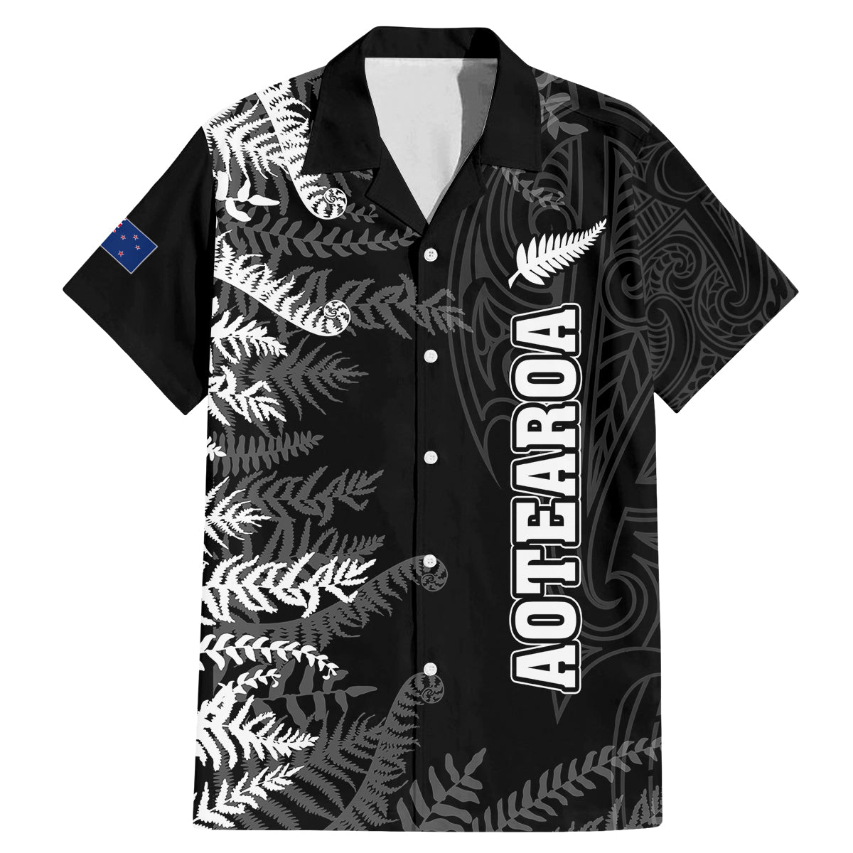 Personalised New Zealand Rugby Family Matching Mermaid Dress and Hawaiian Shirt Silver Fern Basic 2023 World Cup LT7 Dad's Shirt - Short Sleeve Black - Polynesian Pride