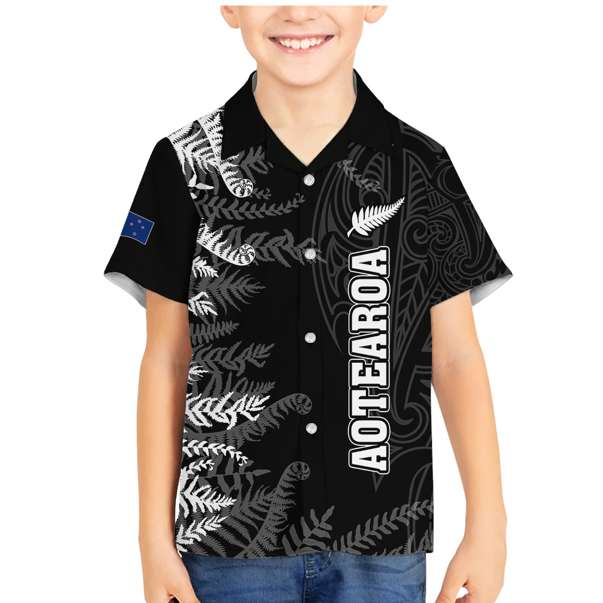 Personalised New Zealand Rugby Family Matching Mermaid Dress and Hawaiian Shirt Silver Fern Basic 2023 World Cup LT7 Son's Shirt Black - Polynesian Pride