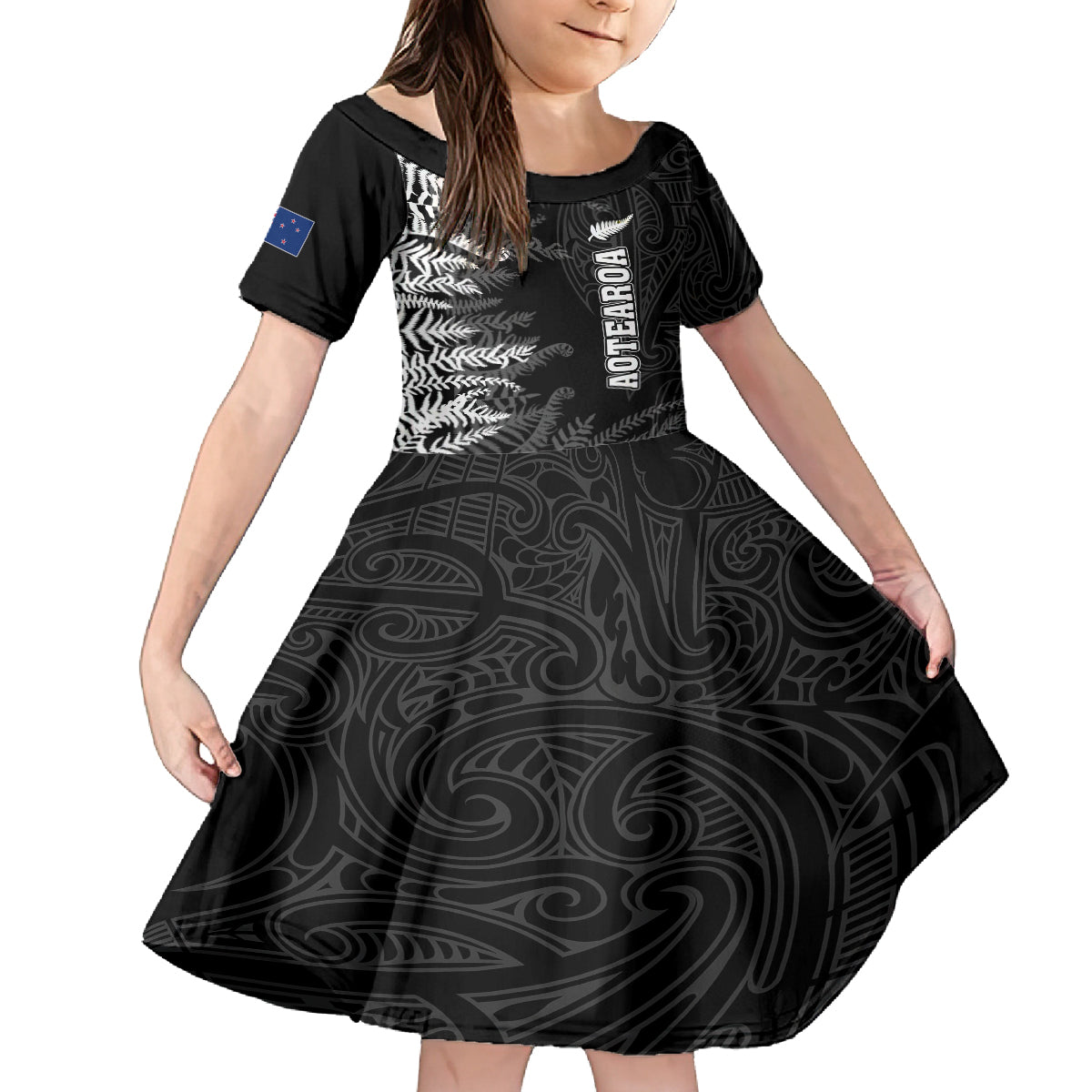 Personalised New Zealand Rugby Family Matching Off Shoulder Long Sleeve Dress and Hawaiian Shirt Silver Fern Basic 2023 World Cup LT7 Daughter's Dress Black - Polynesian Pride