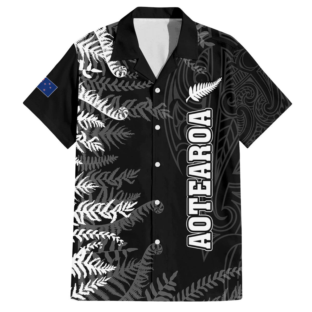 Personalised New Zealand Rugby Family Matching Off Shoulder Long Sleeve Dress and Hawaiian Shirt Silver Fern Basic 2023 World Cup LT7 Dad's Shirt - Short Sleeve Black - Polynesian Pride