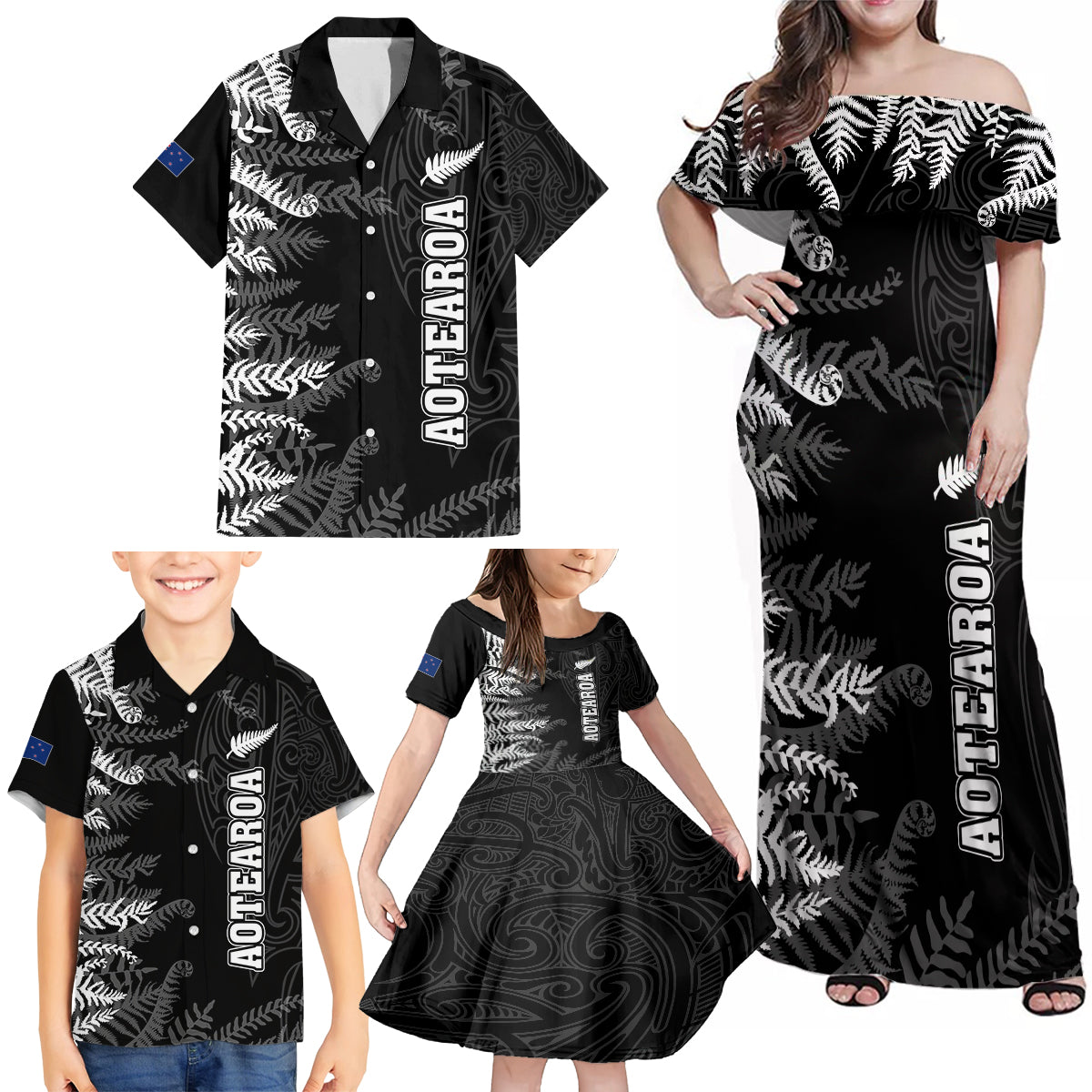 Personalised New Zealand Rugby Family Matching Off Shoulder Maxi Dress and Hawaiian Shirt Silver Fern Basic 2023 World Cup LT7 - Polynesian Pride