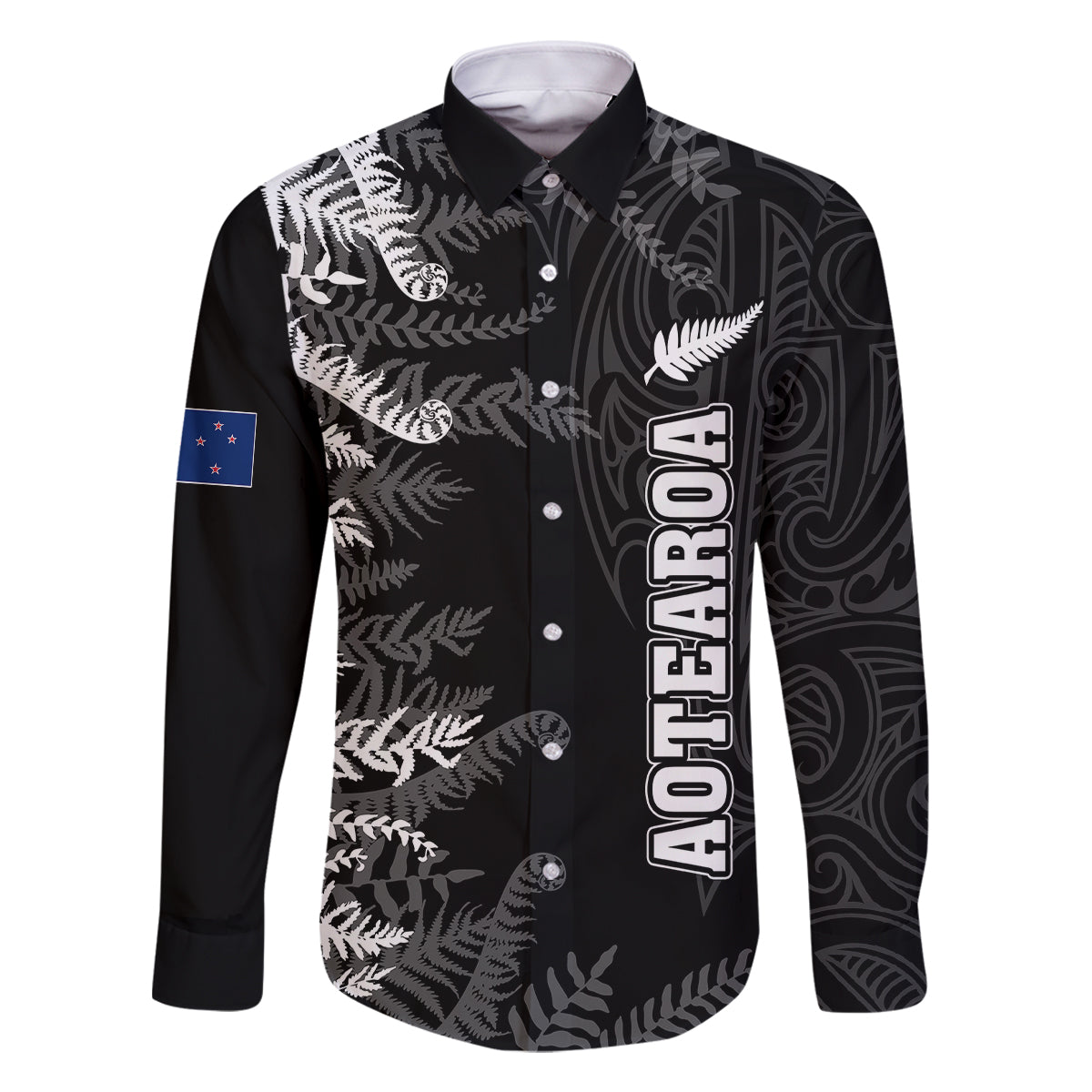 Personalised New Zealand Rugby Family Matching Off Shoulder Maxi Dress and Hawaiian Shirt Silver Fern Basic 2023 World Cup LT7 Dad's Shirt - Long Sleeve Black - Polynesian Pride