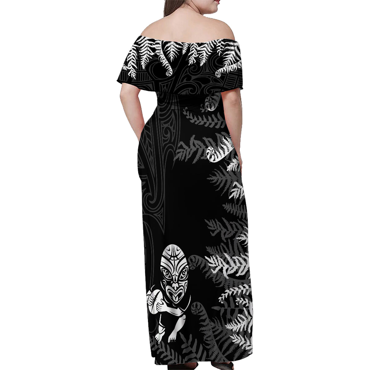 Personalised New Zealand Rugby Family Matching Off Shoulder Maxi Dress and Hawaiian Shirt Silver Fern Basic 2023 World Cup LT7 - Polynesian Pride