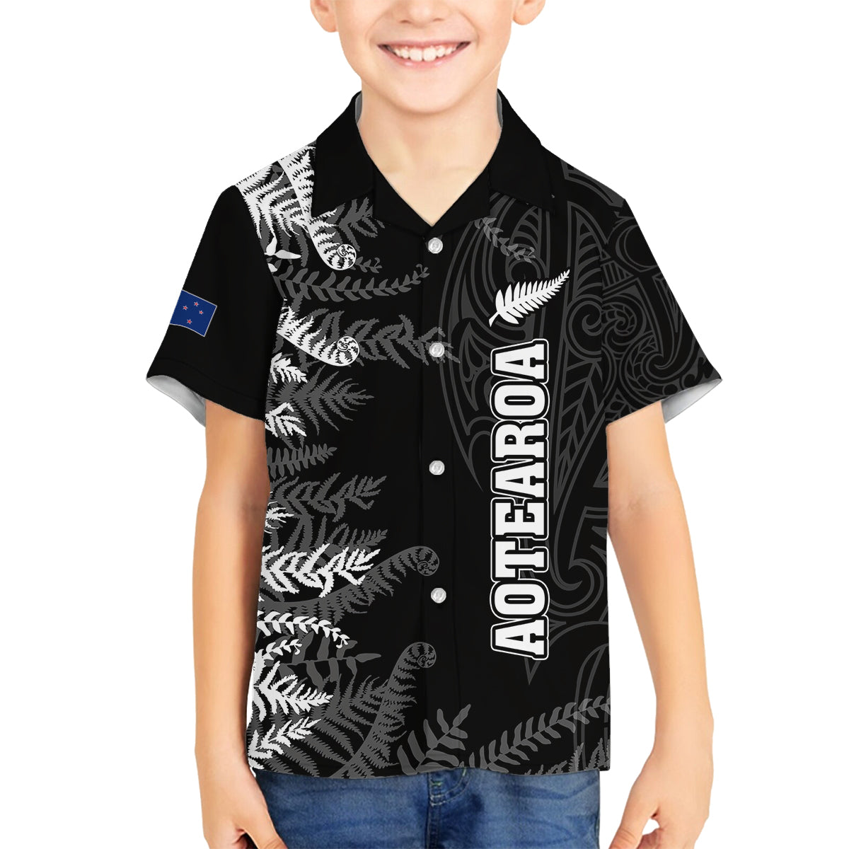 Personalised New Zealand Rugby Family Matching Off Shoulder Maxi Dress and Hawaiian Shirt Silver Fern Basic 2023 World Cup LT7 Son's Shirt Black - Polynesian Pride