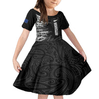 Personalised New Zealand Rugby Family Matching Off Shoulder Short Dress and Hawaiian Shirt Silver Fern Basic 2023 World Cup LT7 Daughter's Dress Black - Polynesian Pride