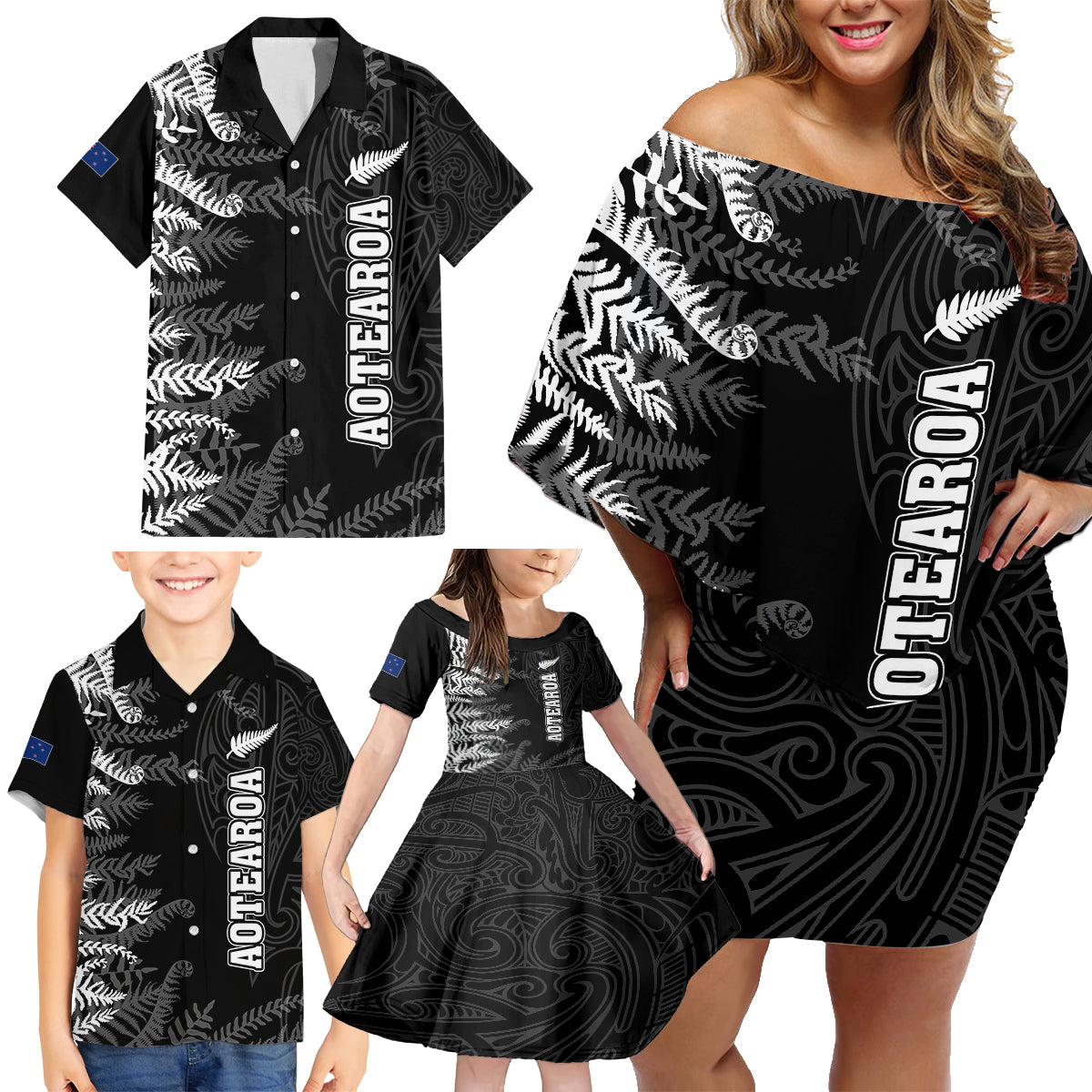 Personalised New Zealand Rugby Family Matching Off Shoulder Short Dress and Hawaiian Shirt Silver Fern Basic 2023 World Cup LT7 - Polynesian Pride