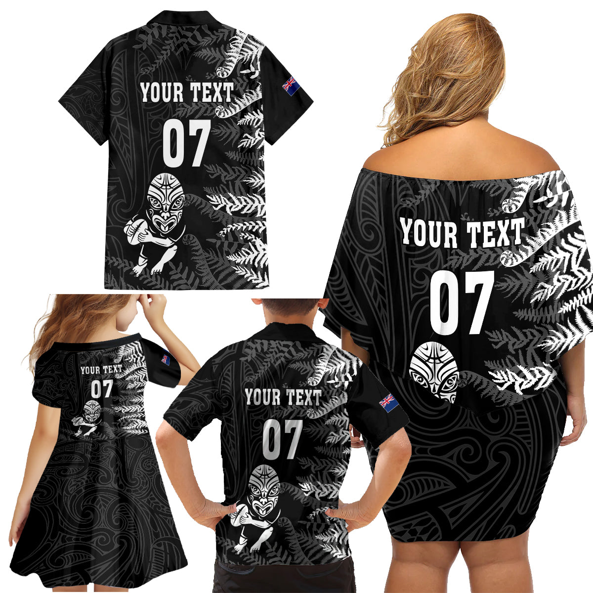 Personalised New Zealand Rugby Family Matching Off Shoulder Short Dress and Hawaiian Shirt Silver Fern Basic 2023 World Cup LT7 - Polynesian Pride