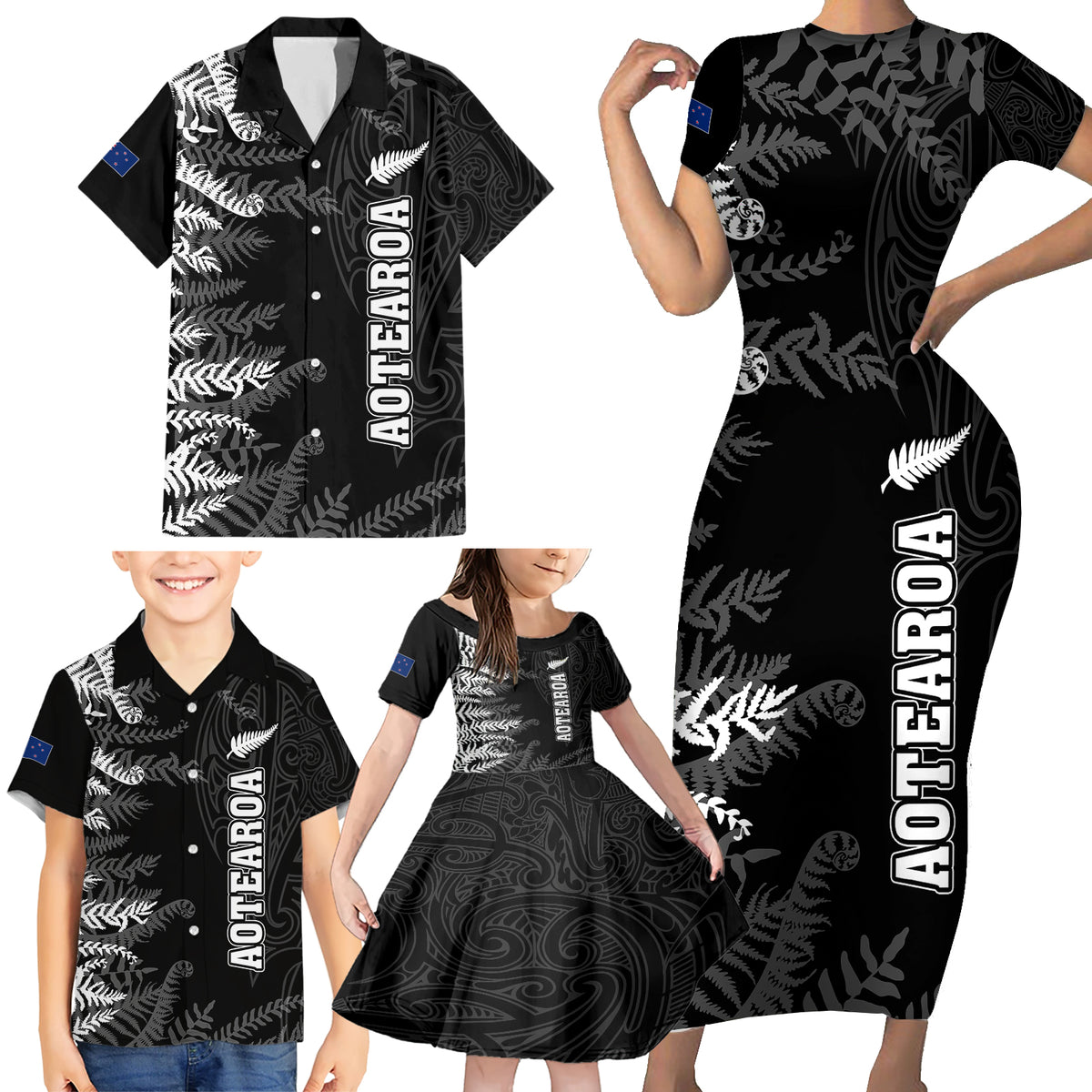 Personalised New Zealand Rugby Family Matching Short Sleeve Bodycon Dress and Hawaiian Shirt Silver Fern Basic 2023 World Cup LT7 - Polynesian Pride