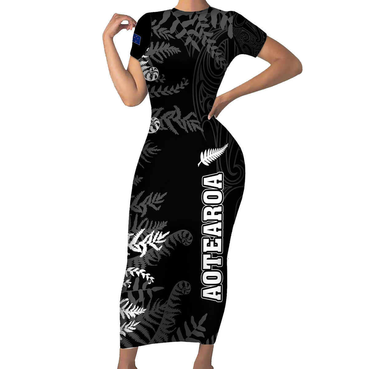 Personalised New Zealand Rugby Family Matching Short Sleeve Bodycon Dress and Hawaiian Shirt Silver Fern Basic 2023 World Cup LT7 Mom's Dress Black - Polynesian Pride