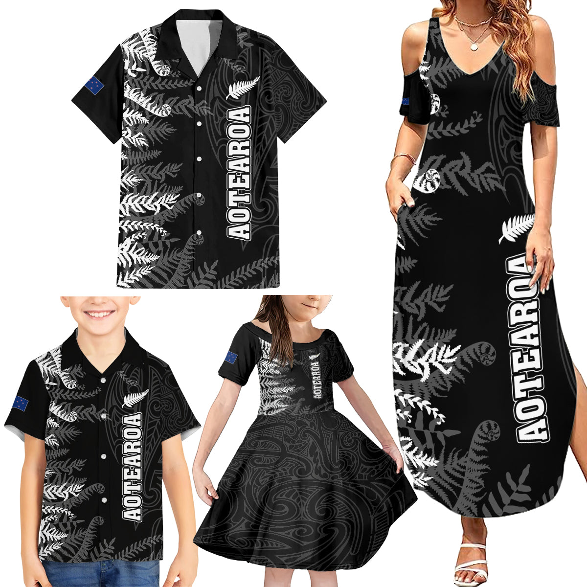 Personalised New Zealand Rugby Family Matching Summer Maxi Dress and Hawaiian Shirt Silver Fern Basic 2023 World Cup LT7 - Polynesian Pride