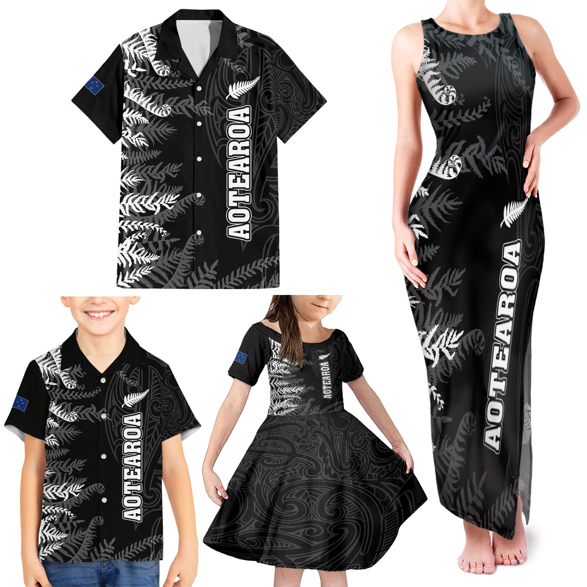 Personalised New Zealand Rugby Family Matching Tank Maxi Dress and Hawaiian Shirt Silver Fern Basic 2023 World Cup LT7 - Polynesian Pride