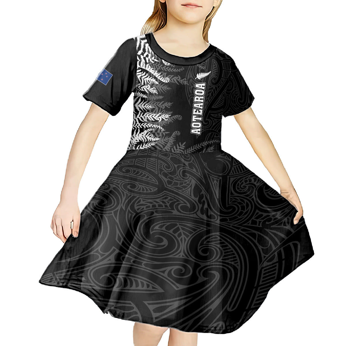 Personalised New Zealand Rugby Kid Short Sleeve Dress Silver Fern Basic 2023 World Cup LT7 - Polynesian Pride