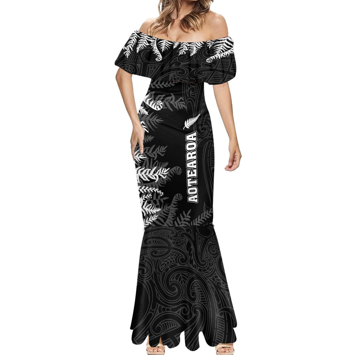 personalised-new-zealand-rugby-mermaid-dress-silver-fern-basic-2023-world-cup