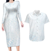 White Sunday Couples Matching Long Sleeve Bodycon Dress and Hawaiian Shirt Plumeria Tatau Mix Tapa LT7 White - Polynesian Pride