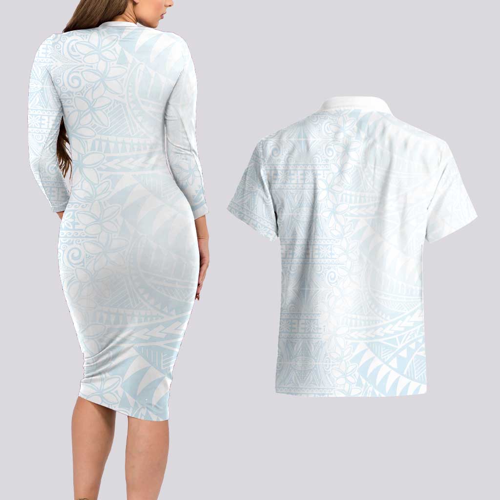 White Sunday Couples Matching Long Sleeve Bodycon Dress and Hawaiian Shirt Plumeria Tatau Mix Tapa LT7 - Polynesian Pride