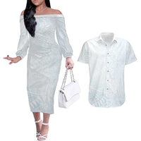 White Sunday Couples Matching Off The Shoulder Long Sleeve Dress and Hawaiian Shirt Plumeria Tatau Mix Tapa LT7 White - Polynesian Pride