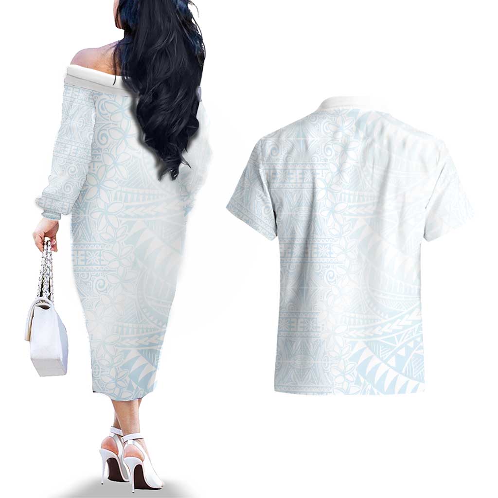 White Sunday Couples Matching Off The Shoulder Long Sleeve Dress and Hawaiian Shirt Plumeria Tatau Mix Tapa LT7 - Polynesian Pride