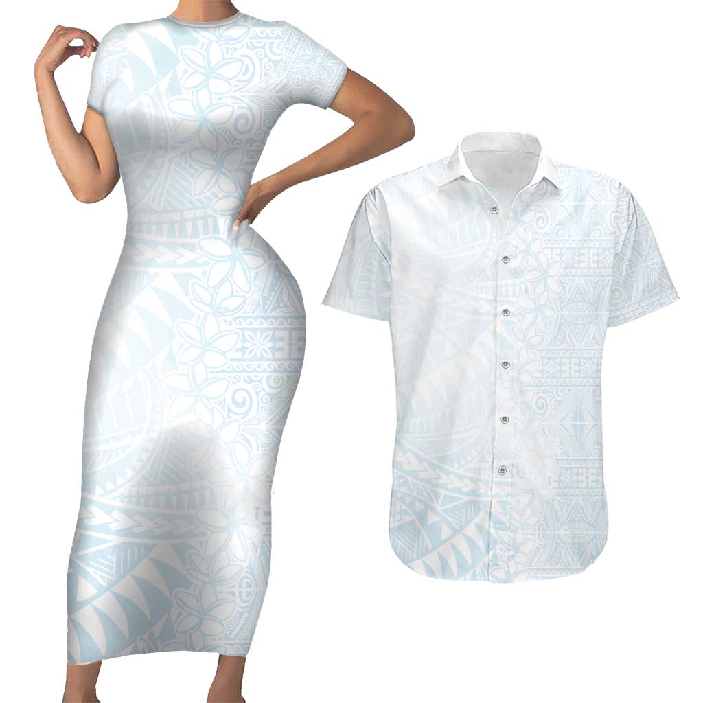 White Sunday Couples Matching Short Sleeve Bodycon Dress and Hawaiian Shirt Plumeria Tatau Mix Tapa LT7 White - Polynesian Pride