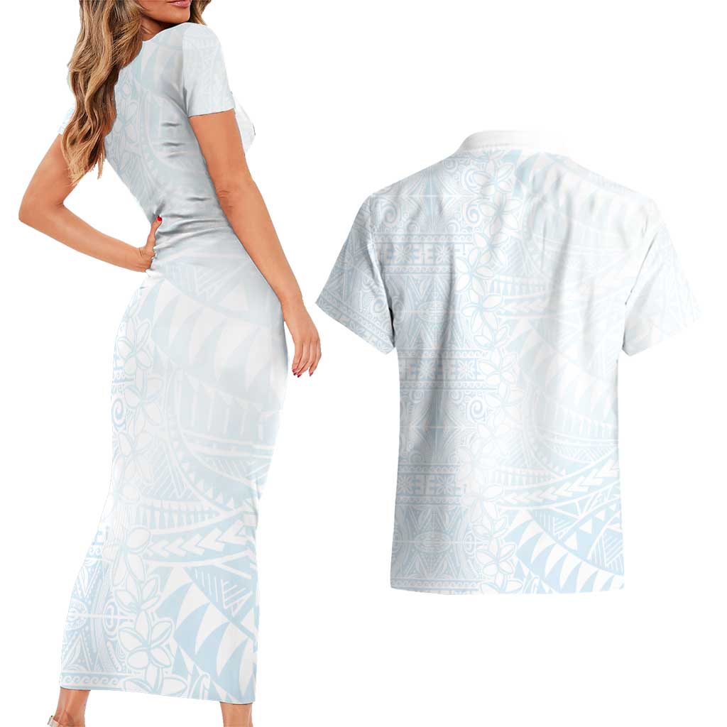 White Sunday Couples Matching Short Sleeve Bodycon Dress and Hawaiian Shirt Plumeria Tatau Mix Tapa LT7 - Polynesian Pride