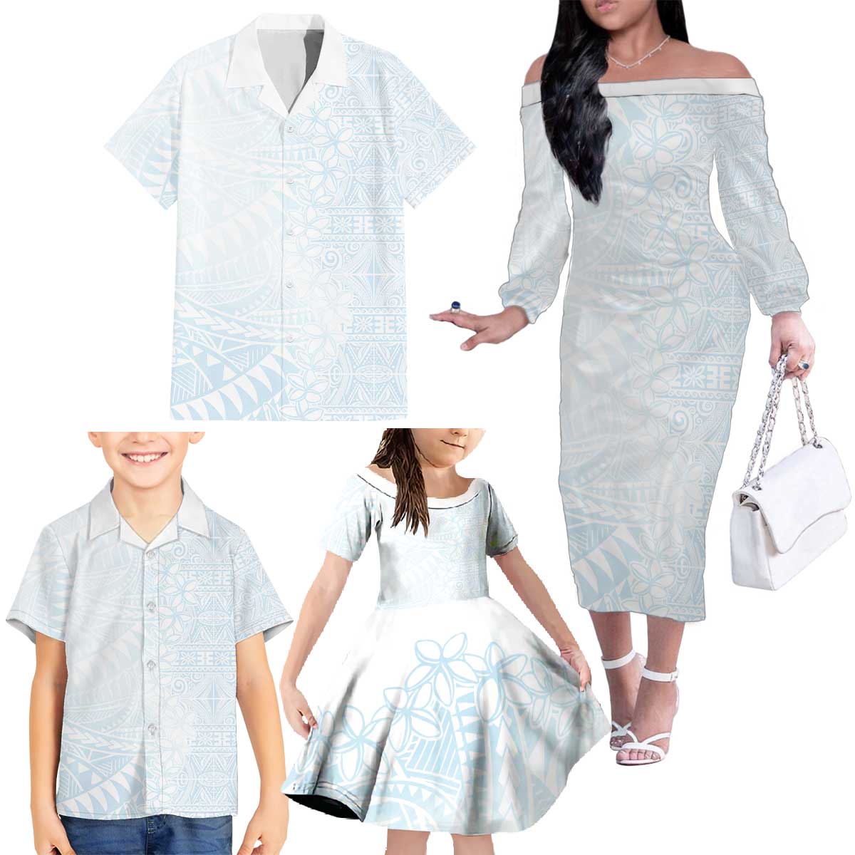 White Sunday Family Matching Off The Shoulder Long Sleeve Dress and Hawaiian Shirt Plumeria Tatau Mix Tapa LT7 - Polynesian Pride