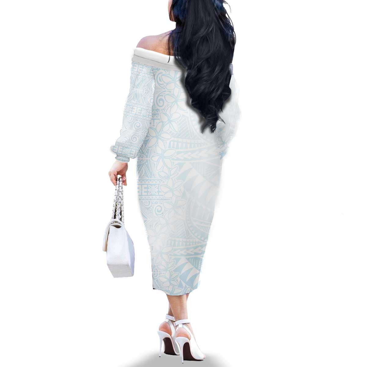White Sunday Family Matching Off The Shoulder Long Sleeve Dress and Hawaiian Shirt Plumeria Tatau Mix Tapa LT7 - Polynesian Pride