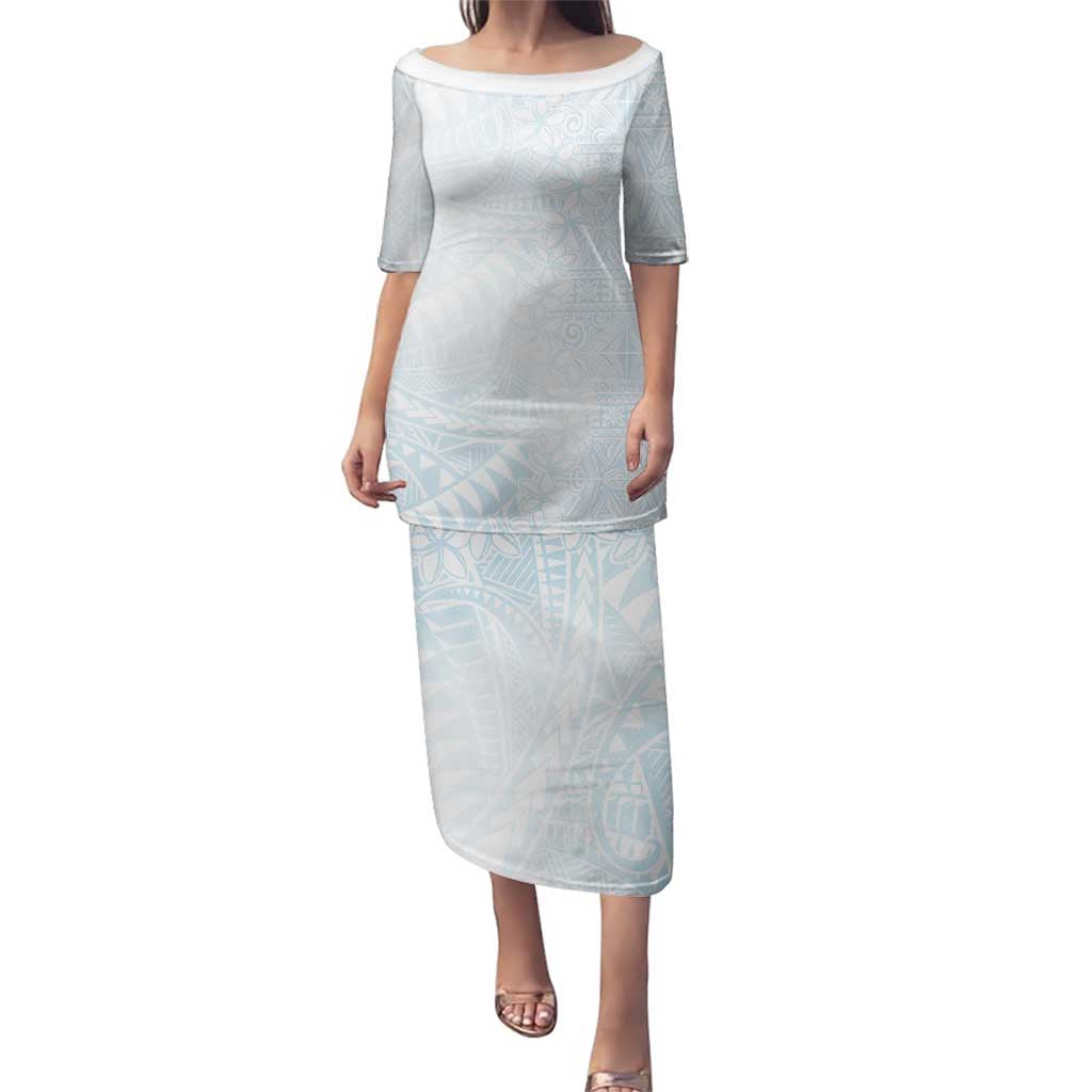 White Sunday Family Matching Puletasi and Hawaiian Shirt Plumeria Tatau Mix Tapa LT7 Mom's Dress White - Polynesian Pride