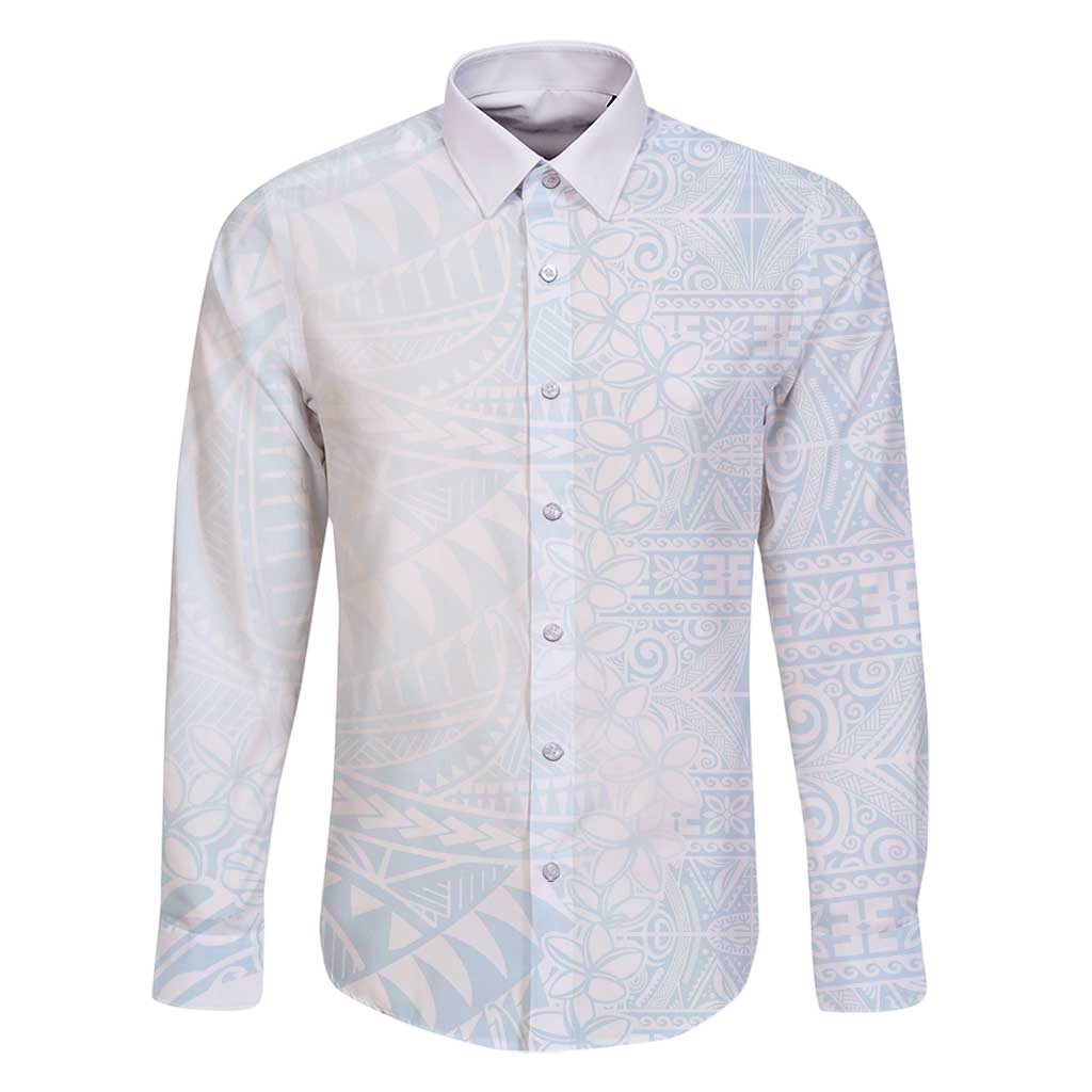 White Sunday Family Matching Summer Maxi Dress and Hawaiian Shirt Plumeria Tatau Mix Tapa LT7 Dad's Shirt - Long Sleeve White - Polynesian Pride