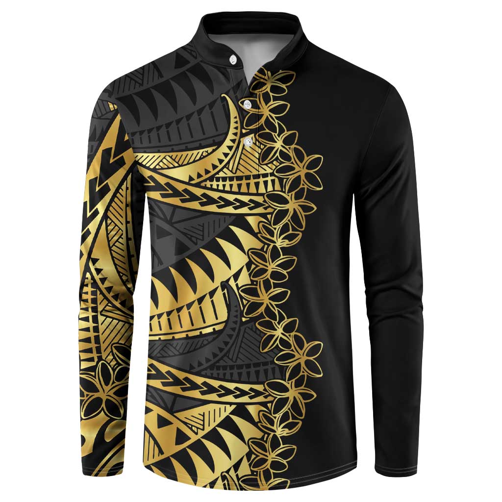Polynesia Button Sweatshirt Black & Gold Fancy Plumeria
