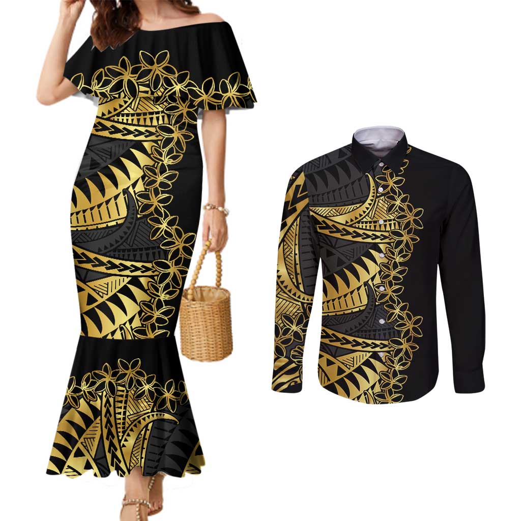 Polynesia Couples Matching Mermaid Dress and Long Sleeve Button Shirt Black & Gold Fancy Plumeria LT7 Black Gold - Polynesian Pride